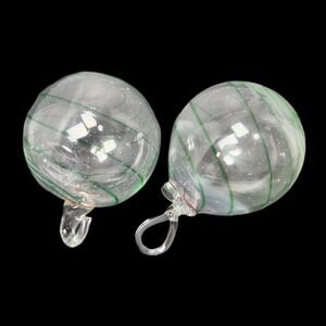 Handblown Clear Art Glass Ornaments Green Swirl Set of 2 Applied Loop Tops 2.5"